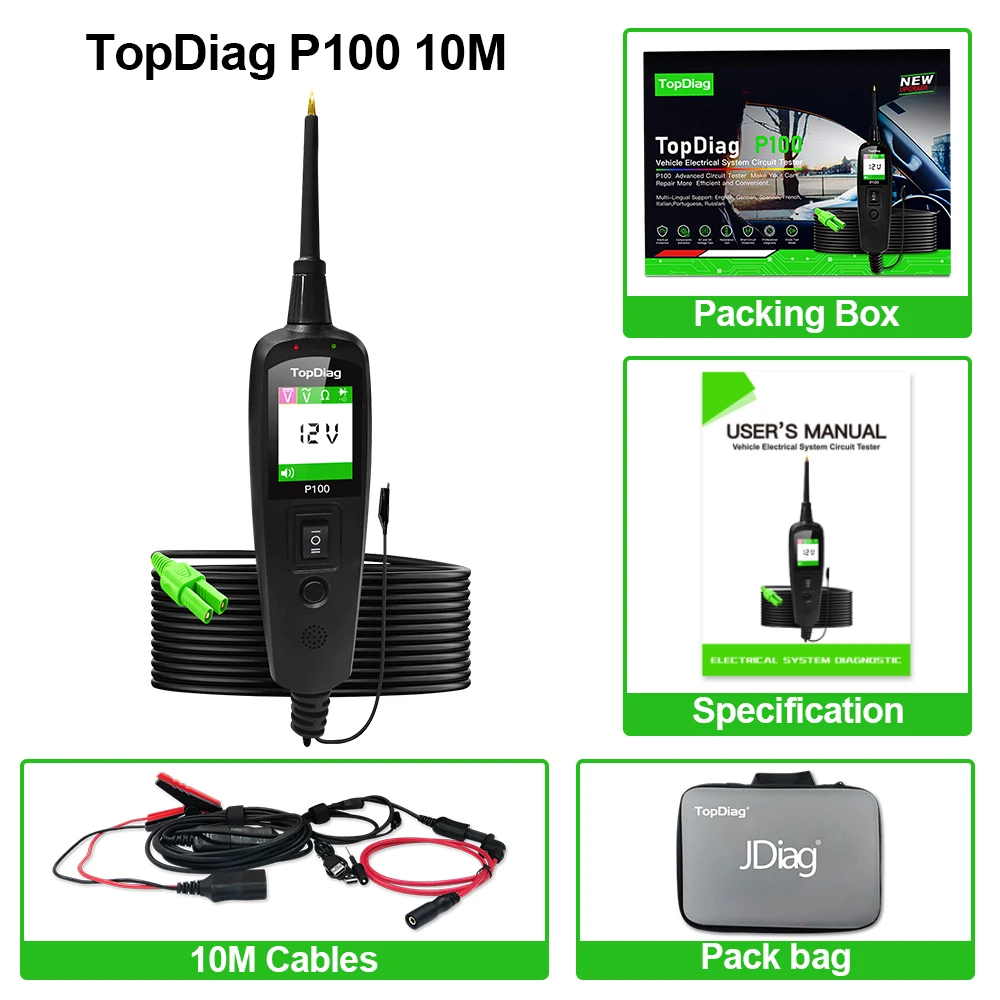 Power Tools In Automotive - JDiag TopDiag P100 2 メートル/10 メートル車の電気回路テスター電源プローブキット自動車電圧検出器診断ツール